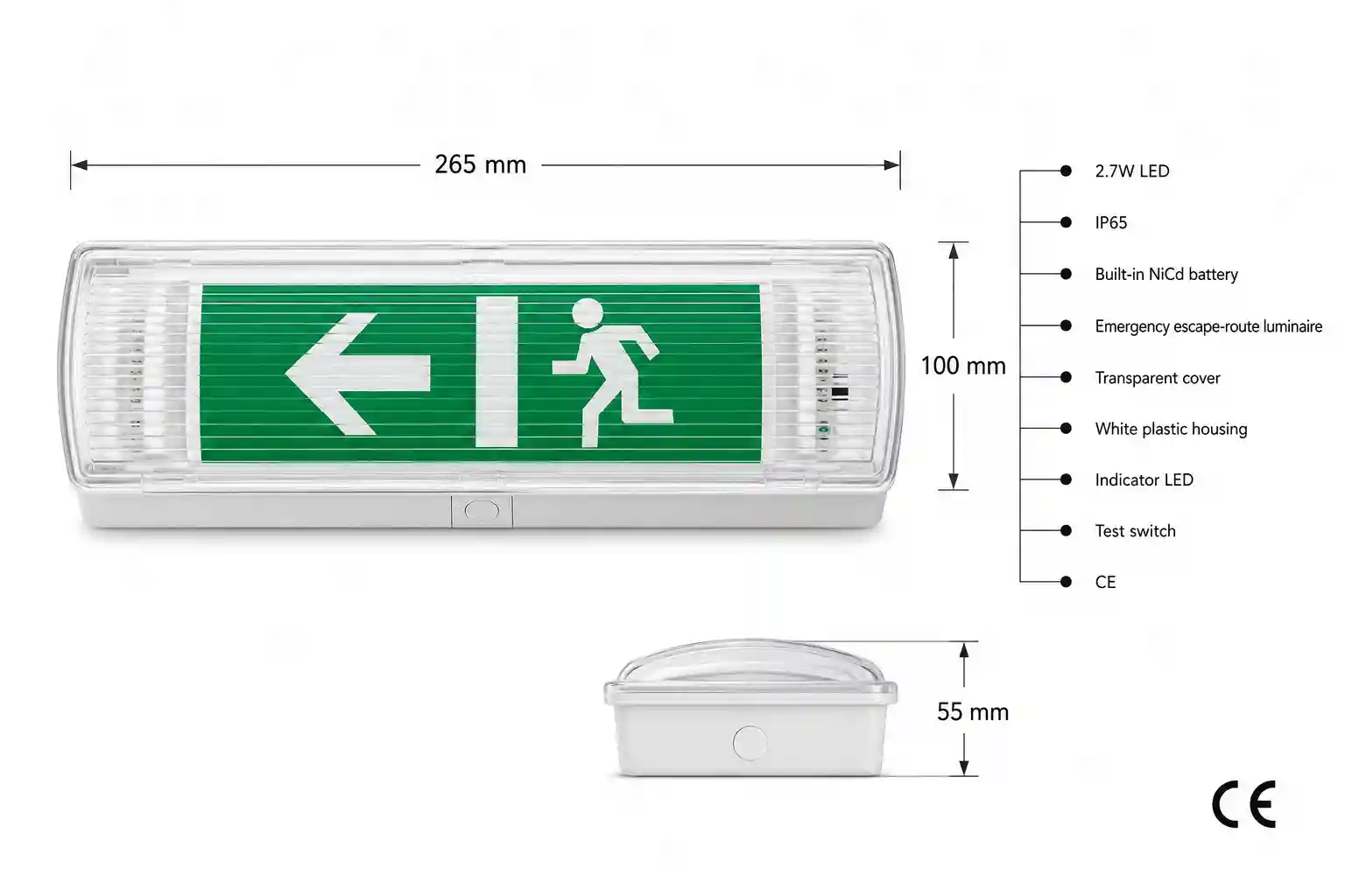 Rozměry nouzového svítidla LEDER 2 TL507L-LED — 265 x 100 x 55 mm s certifikací CE